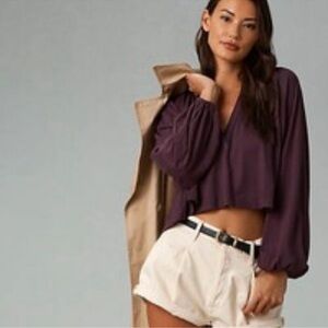 Anthropologie Maeve Split Neck Pleated Crop Blouse Size S